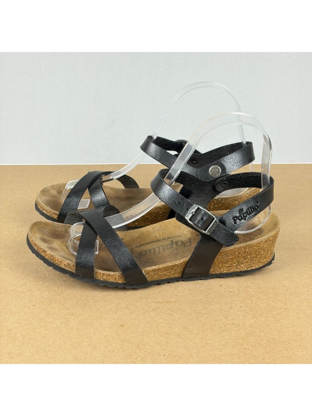 Papillio Birkenstock Alyssa Low Wedge Sandals Womens 6 Black Ankle Strap Buckle